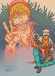 Rule 34 | donquixote rocinante, feathers, heart, highres, holding, holding sword, holding weapon, light smile, non-web source, one piece, pink shirt, shirt, spoilers, spots, sword, teeth, trafalgar law, v, weapon, white eyes