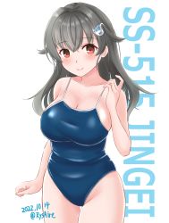 Rule 34 | 1girl, ame-san, black hair, blue one-piece swimsuit, blush, breasts, character name, collarbone, commentary request, competition school swimsuit, cowboy shot, dated, hair down, hair ornament, highres, japan maritime self-defense force, japan self-defense force, jingei (kancolle), js jingei (kancolle), kantai collection, large breasts, long hair, looking at viewer, military, one-piece swimsuit, red eyes, revision, school swimsuit, simple background, smile, solo, standing, swimsuit, whale hair ornament