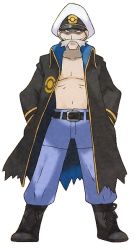 Rule 34 | 1boy, artist request, belt, black coat, black eyes, black footwear, blue pants, boots, closed mouth, coat, collarbone, creatures (company), drake (pokemon), elite four, facial hair, full body, game freak, hands in pockets, hat, high collar, legs apart, looking at viewer, male focus, mustache, navel, nintendo, official art, pants, peaked cap, poke ball symbol, poke ball theme, pokemon, pokemon rse, simple background, solo, standing, stomach, straight-on, torn clothes, torn coat, transparent background, trench coat, two-sided fabric, white hat