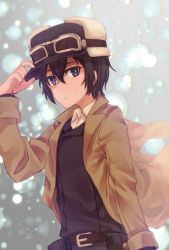 Rule 34 | 1girl, androgynous, beige coat, belt, belt pouch, black hair, black hat, black jacket, blue eyes, brown belt, closed mouth, coat, collared coat, collared shirt, commentary, fur hat, goggles, goggles on headwear, hair between eyes, hand on headwear, hand up, hat, highres, jacket, kino (kino no tabi), kino no tabi, light+, light particles, long sleeves, looking at viewer, open clothes, open coat, pouch, shirt, short hair, solo, tomboy, upper body, white shirt, wind