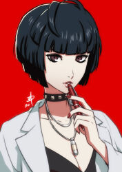 Rule 34 | 1girl, black choker, black hair, black shirt, bob cut, breasts, brown eyes, choker, cleavage, coat, fingernails, highres, holding, holding pen, jewelry, lab coat, looking at viewer, medium breasts, necklace, open clothes, open coat, pen, persona, persona 5, polarityplus, portrait, red background, shirt, short hair, simple background, solo, studded choker, takemi tae, white coat