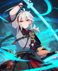Rule 34 | 1boy, 1girl, arm up, bandaged hand, black gloves, closed mouth, commentary request, facing viewer, fingerless gloves, genshin impact, gloves, highres, holding, holding sword, holding weapon, japanese clothes, katana, kaedehara kazuha, looking at viewer, male focus, medium hair, multicolored hair, ponytail, red eyes, solo, streaked hair, sword, tamakibi, upper body, weapon, white hair