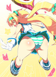 Rule 34 | &gt;:d, &gt; &lt;, 1girl, :d, ass, ass focus, bent over, blazblue, blonde hair, blush stickers, closed eyes, from behind, gloves, heart, highres, hip attack, huge ass, kaname nagi, long hair, muchourin, open mouth, panties, pantyshot, platinum the trinity, quad tails, skirt, smile, striped clothes, striped panties, underwear, upskirt, v-shaped eyebrows, very long hair, xd