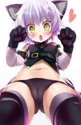 Rule 34 | 1girl, animal ears, animal hands, blush, breasts, cameltoe, cat ears, cat paws, cleft of venus, fang, fate/apocrypha, fate/grand order, fate (series), highres, jack the ripper (fate/apocrypha), looking at viewer, looking down, midriff, navel, open mouth, scar, shimejinameko, small breasts, solo, thighhighs, white hair, yellow eyes