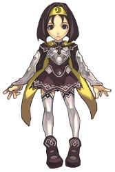 Rule 34 | 1girl, armor, armored dress, black eyes, black hair, cape, eunice (spectral force), expressionless, full body, hairband, official art, purple skirt, shoes, short hair, skirt, solo, spectral (series), spectral force, thighhighs, white background, white thighhighs
