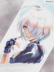 Rule 34 | 1girl, angel (kof), blue eyes, close-up, cropped jacket, fingerless gloves, gloves, hair over one eye, jacket, leather, leather jacket, looking at viewer, open mouth, portrait, profile, simple background, snk, solo, the king of fighters, the king of fighters xiv, the king of fighters xv, white hair, yotastar