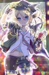 Rule 34 | 1boy, argyle, argyle clothes, argyle legwear, belt, blonde hair, blue eyes, bracelet, cable, chain, commentary, contrapposto, cowboy shot, flower, gloves, hand on headwear, hat, hat belt, hat feather, hekicha, holding, holding microphone, jacket, jewelry, kagamine len, looking at viewer, male focus, microphone, navel, necklace, necktie, ponytail, pouch, ring, rose, screen, short hair, shorts, smile, vocaloid, wristband