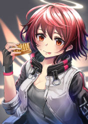 Rule 34 | 1girl, :p, arknights, black gloves, blush, brown eyes, commentary request, exusiai (arknights), fingerless gloves, food, gloves, grey background, grey shirt, halo, hand up, highres, holding, holding food, jacket, looking at viewer, open clothes, open jacket, partial commentary, raglan sleeves, red hair, shirt, short hair, solo, tongue, tongue out, upper body, ushishi (hakka gahou), white jacket