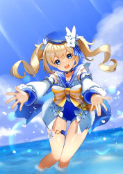 Rule 34 | 1girl, barbara (genshin impact), barbara (summertime sparkle) (genshin impact), bare shoulders, beach, blonde hair, blue eyes, bow, bowtie, choker, cloud, cloudy sky, detached sleeves, flower, genshin impact, hair flower, hair ornament, hat, highres, long sleeves, looking at viewer, ocean, official alternate costume, one-piece swimsuit, open mouth, outstretched arms, partially submerged, sailor hat, sky, smile, splashing, swimsuit, thigh strap, twintails, tyenka7728