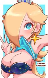 Rule 34 | 1girl, armpits, artist name, bare shoulders, blue background, blue eyes, blue shirt, blue tank top, border, bra, breasts, bright pupils, cleavage, closed mouth, clothes lift, crown, dot nose, earrings, eyelashes, hair over one eye, hand up, hearlesssoul, highres, jewelry, large breasts, light blush, lips, long hair, looking at viewer, mario (series), mouth hold, nintendo, pink lips, platinum blonde hair, rosalina, shirt, shirt lift, shooting star, simple background, solo, star (symbol), star earrings, starry sky print, super mario galaxy, tank top, thick lips, underwear, upper body, w, white border, white pupils