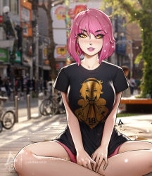 Rule 34 | 1girl, aurahack, bicycle, blurry, breasts, depth of field, eyes visible through hair, highres, indian style, large breasts, lipstick, makeup, orange eyes, original, parted lips, photo background, pink hair, pink lips, road, shirt, signature, sitting, solo, street, t-shirt, twitter username, watermark, web address
