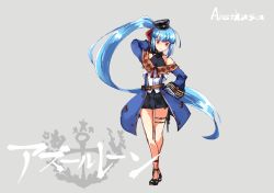 Rule 34 | 1girl, :&lt;, anchor, arethusa (azur lane), arm behind head, arm up, azur lane, bare shoulders, black footwear, black hat, black skirt, blue coat, blunt bangs, bow, buttons, character name, closed mouth, coat, copyright name, eyebrows, frilled sleeves, frills, full body, grey background, hair bow, hand on own hip, hat, high ponytail, long hair, long sleeves, mini hat, miniskirt, off shoulder, open clothes, open coat, pink eyes, pleated skirt, red bow, shigatsu shizuki, shirt, shoes, sidelocks, skirt, solo, standing, star (symbol), thigh strap, turtleneck, unbuttoned, v-shaped eyebrows, very long hair, white shirt, wide sleeves