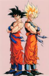 Rule 34 | 1990s (style), back-to-back, black hair, blonde hair, boots, crossed arms, dougi, dragon ball, dragonball z, full body, male focus, muscular, muscular male, official art, pink background, retro artstyle, serious, shadow, simple background, son goku, standing, super saiyan, super saiyan 1, torn clothes, variations, wristband