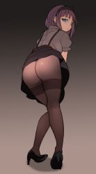 Rule 34 | 1girl, ass, ass focus, black flower, black rose, black skirt, blue eyes, brown pantyhose, commentary request, dagashi kashi, flower, from behind, full body, gradient background, hair flower, hair ornament, hairband, high heels, jorin, legs, looking at viewer, looking back, pantyhose, puffy short sleeves, puffy sleeves, purple hair, ringed eyes, rose, shidare hotaru, shirt, short sleeves, skirt, solo, suspender skirt, suspenders, thighband pantyhose, thighs
