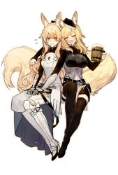 Rule 34 | 2girls, alcohol, animal ear fluff, animal ears, arknights, arm around shoulder, armor, armored boots, aunt and niece, beer, beer mug, belt, black footwear, black legwear, blemishine (arknights), boots, chinese commentary, commentary, cup, drinking, drunk, english commentary, extra ears, closed eyes, fang, full body, gauntlets, hat, highres, holding, holding cup, horse ears, horse girl, horse tail, looking at viewer, mixed-language commentary, mug, multiple belts, multiple girls, nervous, nervous smile, open mouth, simple background, sitting, skin fang, smile, tail, taziku, thighhighs, thighs, v-shaped eyebrows, whislash (arknights), white background, yellow eyes, zettai ryouiki