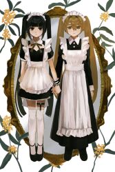 Rule 34 | 2girls, :&lt;, :|, apron, arm at side, black dress, black eyes, black hair, blunt bangs, blush, closed mouth, collared dress, dress, expressionless, frilled apron, frills, full body, hair between eyes, highres, holding hands, inu dakisime, long dress, long hair, long sleeves, looking at viewer, maid, maid headdress, mirror, multiple girls, neck ribbon, orange eyes, orange hair, original, ribbon, short dress, short sleeves, side-by-side, simple background, straight-on, thigh strap, thighhighs, twintails, very long hair, white apron, white background, white thighhighs, zettai ryouiki