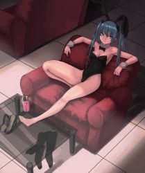 Rule 34 | 1girl, animal ears, aqua eyes, aqua hair, armchair, armpits, arms up, bare arms, bare legs, bare shoulders, barefoot, black bow, black bowtie, black footwear, black hairband, black leotard, black pantyhose, bow, bowtie, breasts, chair, cleavage, cloel, collarbone, cup, detached collar, drink, drinking glass, drinking straw, fake animal ears, feet, from above, glass table, groin, hairband, hatsune miku, high heels, leaning back, leotard, liquid, long hair, looking at viewer, looking up, medium breasts, pantyhose, unworn pantyhose, playboy bunny, rabbit ears, shoes, unworn shoes, solo, strapless, strapless leotard, table, unworn thighhighs, toes, twintails, vocaloid, wrist cuffs