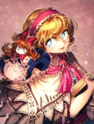Rule 34 | 2girls, alice margatroid, blonde hair, blue dress, blue eyes, book, bow, bright pupils, brown hair, capelet, character name, commentary request, dress, frilled bow, frilled hairband, frilled ribbon, frills, hair bow, hairband, highres, holding, holding book, long hair, long sleeves, multiple girls, neck ribbon, open mouth, petticoat, pink background, pink hairband, pink ribbon, red bow, ribbon, shanghai doll, short hair, smile, touhou, white capelet, white pupils, yukkyon kyon