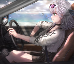Rule 34 | 1girl, black choker, black skirt, blue ribbon, braid, breasts, car, choker, closed mouth, commentary request, driving, eyewear on head, from side, green eyes, hair ribbon, highres, hololive, medium breasts, motor vehicle, musical note, nori chazuke, plaid, plaid skirt, ribbed sweater, ribbon, seatbelt, shirogane noel, shirogane noel (casual), silver hair, sitting, skirt, sleeves past elbows, smile, solo, sunglasses, sweater, virtual youtuber, white sweater