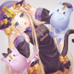 Rule 34 | 1girl, abigail williams (fate), animal ears, black bow, black dress, blonde hair, blue eyes, blush, bow, breasts, cat ears, cat tail, china dress, chinese clothes, dress, fate/grand order, fate (series), forehead, ghost, hair bow, hat, jiangshi, long hair, looking at viewer, meguru (dagmin), multiple bows, ofuda, orange bow, parted bangs, qingdai guanmao, sidelocks, small breasts, tail
