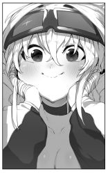 Rule 34 | 1girl, absurdres, bandaged hand, bandages, blush, border, breasts, choker, cleavage, closed mouth, goggles, goggles on head, greyscale, hair between eyes, hair intakes, hands up, highres, looking at viewer, medium breasts, medium hair, monochrome, niwamaru (niwarhythm), niwarhythm, original, simple background, smile, solo, surprised, upper body, wavy mouth, white background, white border