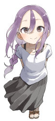 Rule 34 | 1girl, absurdres, arms behind back, barefoot sandals (jewelry), black skirt, braid, braided ponytail, brown eyes, closed mouth, commentary request, hair between eyes, highres, looking at viewer, purple hair, sandals, shirt, short sleeves, simple background, skirt, smile, solo, soredemo ayumu wa yosetekuru, standing, white background, white shirt, yamamoto souichirou, yaotome urushi