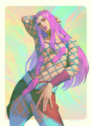 Rule 34 | 1boy, abs, absurdres, arm behind head, artist name, c home, closed mouth, dated, fishnet top, fishnets, footprints, highres, jojo no kimyou na bouken, long hair, looking at viewer, male focus, narciso anasui, navel, parted lips, pink eyes, pink hair, pink lips, solo, solo focus, stone ocean