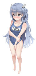 1girl absurdres alternate_costume bare_arms bare_legs bare_shoulders barefoot blue_hair blue_one-piece_swimsuit covered_navel fake_horns full_body grey_eyes hair_rings highres horned_headwear horns i-203_(kancolle) kantai_collection name_tag one-piece_swimsuit osananajimi_neko school_swimsuit simple_background solo swimsuit two_side_up white_background