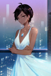 Rule 34 | ahoge, bare legs, bare shoulders, black eyes, black hair, breasts, breasts apart, city, closed mouth, collarbone, commentary request, copyright request, cowboy shot, dark-skinned female, dark skin, dress, earrings, evening gown, expressionless, highres, indoors, jewelry, juexing (moemoe3345), looking at viewer, necklace, night, pendant, short hair, sleeveless, sleeveless dress, small breasts, swept bangs, white dress, window