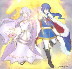 Rule 34 | 1boy, 1girl, blue eyes, blue hair, book, boots, brother and sister, coat, dress, fire emblem, fire emblem: genealogy of the holy war, floating, floating book, floating object, fur trim, headband, highres, holding, holding weapon, julia (fire emblem), long hair, looking at viewer, magic, nintendo, pointing sword, ponytail, purple eyes, purple hair, sandals, sash, seliph (fire emblem), siblings, sword, tyrfing (fire emblem), very long hair, weapon, white headband, wintse
