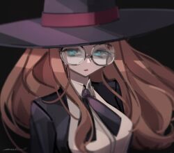 Rule 34 | 1girl, aqua eyes, artist name, ascot, black ascot, black background, black jacket, blurry, breasts, brown hair, closed mouth, collared shirt, commentary, floating hair, glasses, half-closed eyes, jacket, large hat, long hair, long sleeves, looking at viewer, makaroll, medium breasts, open clothes, open jacket, purple headwear, round eyewear, shirt, simple background, solo, spy x family, sylvia sherwood, upper body, white shirt