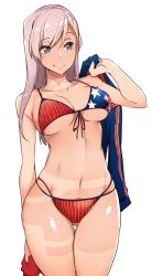 Rule 34 | 1girl, american flag bikini, asymmetrical hair, bare shoulders, bikini, blue eyes, blush, breasts, cleavage, closed mouth, unworn clothes, collarbone, fate/grand order, fate (series), flag print, front-tie bikini top, front-tie top, hair down, highres, large breasts, long hair, looking to the side, miyamoto musashi (fate), miyamoto musashi (fate/grand order), miyamoto musashi (swimsuit berserker) (fate), miyamoto musashi (swimsuit berserker) (second ascension) (fate), navel, pink hair, shrug (clothing), simple background, smile, solo, swept bangs, swimsuit, tan, tanline, thighs, tokiwa midori (kyokutou funamushi), white background