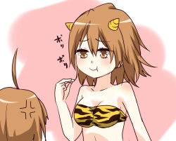 Rule 34 | 2girls, age difference, ahoge, anger vein, animal print, bare arms, bare shoulders, bikini, breasts, brown eyes, brown hair, cleavage, closed mouth, commentary request, cosplay, hair between eyes, hand up, height difference, holding, horns, i.u.y, last order (toaru majutsu no index), light blush, looking at another, lum, lum (cosplay), medium breasts, medium hair, misaka worst, multiple girls, pink background, power connection, siblings, sisters, swimsuit, tiger print, toaru majutsu no index, translation request, upper body, urusei yatsura, yellow horns