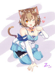 Rule 34 | 10s, 1boy, :3, :d, absurdres, animal ears, arm ribbon, arm support, bare shoulders, black pantyhose, blue bow, blue neckwear, blue thighhighs, blush, bob cut, bolo tie, bow, breasts, brown hair, cat boy, cat ears, cat tail, choker, cleavage, clenched hand, collarbone, commentary request, cross-laced clothes, dated, dot nose, dress, dress bow, eyes visible through hair, fang, felix argyle, frilled dress, frills, front-tie top, full body, hair between eyes, hair bow, hair ribbon, hand up, heart, heart background, highres, jewelry, kneeling, lace, lace-trimmed dress, lace-trimmed sleeves, lace trim, looking at viewer, male focus, no shoes, one eye closed, open mouth, orange eyes, pantyhose, parted bangs, paw pose, pendant, raised eyebrows, re:zero kara hajimeru isekai seikatsu, ribbon, shiny skin, short dress, short eyebrows, short hair, signature, simple background, slit pupils, small breasts, smile, solo, spaghetti strap, strap slip, striped bow, striped clothes, striped dress, striped pantyhose, striped ribbon, striped thighhighs, tail, thick eyebrows, thighhighs, thighhighs over pantyhose, trap, vertical-striped clothes, vertical-striped dress, vertical-striped thighhighs, white background, white bow