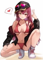 Rule 34 | 1girl, absurdres, bikini, bikini under clothes, black hat, breasts, cleavage, hat, highres, hoangryu, hololive, houshou marine, large breasts, long hair, looking at viewer, medium breasts, red bikini, red eyes, red hair, smile, solo, swimsuit, virtual youtuber
