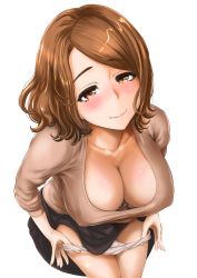 Rule 34 | 1girl, blush, bra, breasts, brown eyes, brown hair, cleavage, covered erect nipples, from above, highres, large breasts, looking at viewer, mature female, mole, mole under mouth, okumori boy, original, panties, panty pull, pulled by self, simple background, skirt, solo, underwear, white background, white panties