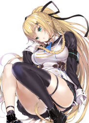 Rule 34 | .live, 1girl, alternate costume, alternate hairstyle, armband, blonde hair, blush, boots, gloves, green eyes, hair ornament, hairclip, kongou iroha, long hair, looking at viewer, mutsutake, open mouth, ponytail, simple background, thighs, virtual youtuber, white background, white gloves