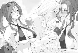 Rule 34 | 2girls, :d, ;q, azur lane, bare shoulders, between breasts, bikini, black bikini, black hair, blush, bottle, breasts, chkalov (azur lane), chkalov (seaside sunset) (azur lane), choker, cleavage, collarbone, commentary request, cross, cross choker, cup, drinking, eyewear on head, frilled bikini, frills, hair between eyes, holding, holding cup, huge breasts, large breasts, long hair, looking at viewer, manjuu (azur lane), mole, mole under eye, monochrome, multi-strapped bikini, multicolored hair, multiple girls, navel, off shoulder, official alternate costume, one eye closed, open clothes, open mouth, parted bangs, piwka, ponytail, see-through, see-through coat, sidelocks, smile, standing, stomach, streaked hair, sunglasses, sweat, swimsuit, teeth, tongue, tongue out, underboob, upper body, upper teeth only, very long hair, yorktown (azur lane), yorktown ii (azur lane), yorktown ii (bright-sky mermaid) (azur lane)