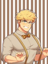 Rule 34 | 1boy, absurdres, alternate costume, blonde hair, blush, bow, bowtie, formal, fujimachine (clayten), glasses, granblue fantasy, green eyes, highres, large pectorals, looking at viewer, male focus, muscular, pectorals, shirt, smile, solo, toned, toned male, vane (granblue fantasy)