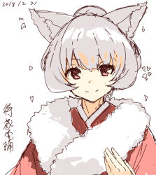Rule 34 | 1girl, animal ear fluff, animal ears, blush, closed mouth, dated, fox ears, fox girl, fur collar, hair between eyes, japanese clothes, kimono, looking at viewer, original, red eyes, red kimono, silver hair, simple background, smile, solo, translation request, upper body, white background, yuuji (yukimimi)