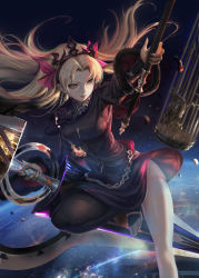 Rule 34 | 1girl, asymmetrical legwear, black dress, black pantyhose, blonde hair, breasts, check copyright, chromatic aberration, commentary request, copyright request, dress, ereshkigal (fate), ereshkigal (third ascension) (fate), fate/apocrypha, fate/grand order, fate (series), forehead, highres, holding, long hair, long sleeves, medium breasts, mismatched legwear, pantyhose, rabbit (tukenitian), tohsaka rin, yellow eyes