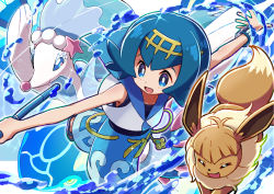 Rule 34 | 1girl, blue eyes, blue hair, blue sailor collar, blue shorts, bracelet, commentary request, creatures (company), eevee, fishing rod, game freak, gen 1 pokemon, gen 3 pokemon, gen 7 pokemon, hairband, holding, holding fishing rod, jewelry, kingin, kyogre, lana (pokemon), legendary pokemon, nintendo, open mouth, outstretched arms, pokemon, pokemon (anime), pokemon (creature), pokemon sm (anime), primarina, sailor collar, shirt, short hair, shorts, smile, spread arms, swimsuit, swimsuit under clothes, trial captain, water