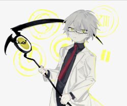 Rule 34 | 1boy, benjamin (project moon), black pants, coat, glasses, green eyes, highres, holding, holding scythe, library of ruina, lobotomy corporation, long sleeves, looking at viewer, meijiichigo, necktie, pants, project moon, red necktie, scythe, solo, the price of silence, white coat, white hair, wing collar