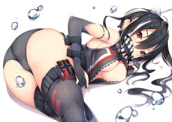 Rule 34 | 1girl, arm strap, ass, azur lane, bare shoulders, black gloves, black hair, black one-piece swimsuit, black thighhighs, blush, breasts, center opening, cisyo, cross, elbow gloves, gloves, hair between eyes, hair ornament, iron cross, long hair, looking at viewer, lying, medium breasts, multicolored hair, on side, one-piece swimsuit, one side up, pouch, red eyes, scarf, side ponytail, simple background, solo, streaked hair, swimsuit, thighhighs, u-47 (azur lane), underwear, white background, white hair, zipper