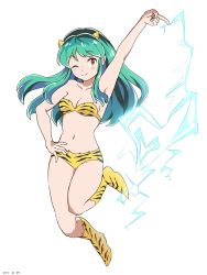 Rule 34 | 1girl, animal print, arm up, armpits, bare shoulders, bikini, blush, boots, breasts, cleavage, closed mouth, commentary, cone horns, dated, electricity, electrokinesis, floating, fur bikini, green hair, hand on own hip, highres, horns, knee boots, leg up, long hair, looking at viewer, lum, medium breasts, navel, one eye closed, print bikini, print footwear, simple background, smile, solo, strapless, strapless bikini, swimsuit, takatisakana, tiger print, urusei yatsura, white background, yellow bikini, yellow eyes, yellow footwear