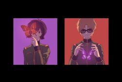 Rule 34 | 2boys, black-framed eyewear, black border, blonde hair, border, bug, butterfly, char aznable, closed mouth, garma zabi, glowing butterfly, green jacket, gundam, highres, insect, jacket, long sleeves, looking at viewer, male focus, mobile suit gundam the origin, multiple boys, parted lips, purple background, purple butterfly, purple hair, red background, red butterfly, short hair, simple background, sunglasses, symbolism, tira zhang, upper body