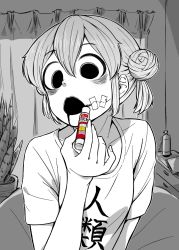 Rule 34 | 1girl, 4shi, blood, blood on face, commentary request, cracked skin, dango-chan (4shi), glasgow smile, glue stick, greyscale, hair between eyes, hair bun, highres, holding, hollow eyes, indoors, monochrome, open mouth, original, shirt, short hair, short sleeves, solo, tape, upper body