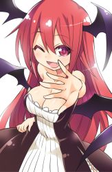 Rule 34 | 1girl, alternate costume, bare shoulders, breasts, cleavage, demon wings, dress, fang, head wings, koakuma, large breasts, one eye closed, red eyes, red hair, solo, strapless, strapless dress, toto nemigi, touhou, wings