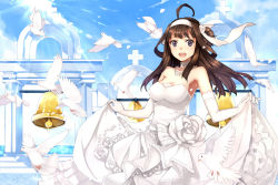 Rule 34 | 10s, 1girl, :d, ahoge, bare shoulders, bell, bird, black eyes, blue dress, blue sky, breasts, brown hair, church bell, cleavage, clothes lift, cross, day, detached collar, dove, dress, dress lift, flower, flying sweatdrops, hao (patinnko), jewelry, kantai collection, kongou (kancolle), large breasts, lens flare, light rays, long hair, looking at viewer, necklace, open mouth, pearl necklace, rose, sky, smile, solo, strapless, strapless dress, sunlight, wedding dress, white dress, white flower, white rose