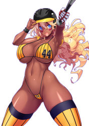 Rule 34 | 1girl, :d, alternate skin color, armpits, baseball bat, baseball helmet, bikini, blonde hair, blue eyes, breasts, commentary request, cowboy shot, dark-skinned female, dark skin, eye black, facial mark, flipped hair, foreshortening, gloves, gluteal fold, hair between eyes, helmet, highleg, highleg bikini, highres, holding, holding baseball bat, huge breasts, legs apart, long hair, looking at viewer, messy hair, navel, open mouth, outstretched arm, rakko (r2), sandy bash, shiny skin, simple background, single glove, skindentation, smile, solo, standing, suketto sanjou!, swimsuit, tareme, thighhighs, thong, thong bikini, white background, wristband, yellow bikini, yellow thighhighs